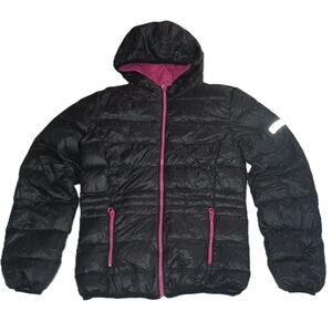 Hiheart Women's Puffer Down Jacket Hooded Pink Zipper Pockets Black Size XL W001